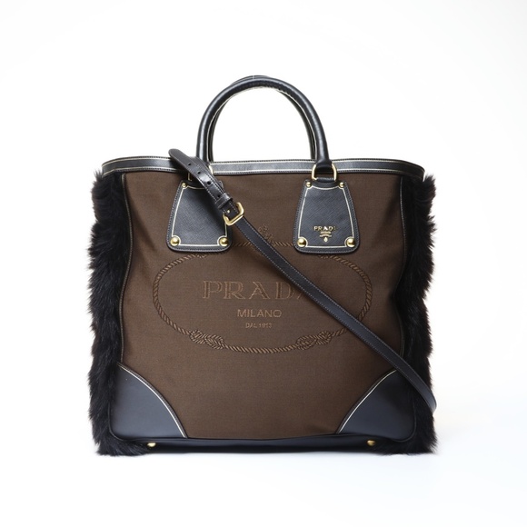 Prada Canvas Jacquard Logo Fur 2-Way Tote Bag Brown WS24995